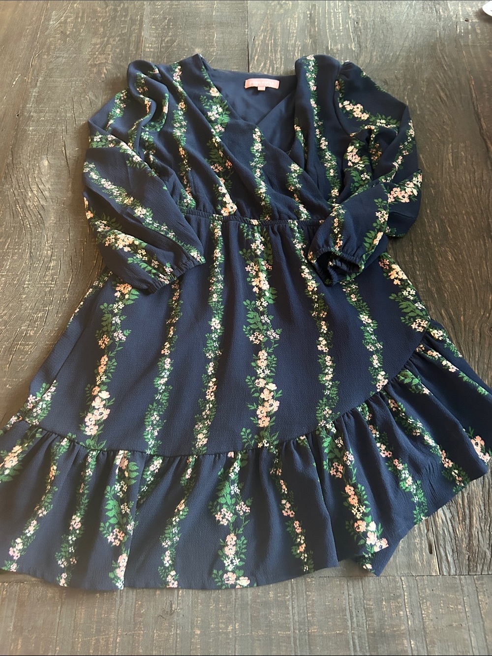 BCBGirls Navy Floral Wrap-Style Long Sleeve Dress